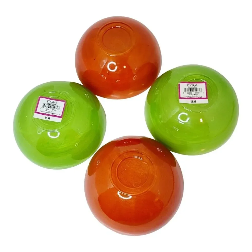 Set of 4 Vtg Floral‎ Debi Lilly Recycled Green Orange Glass Bowls With Swirls